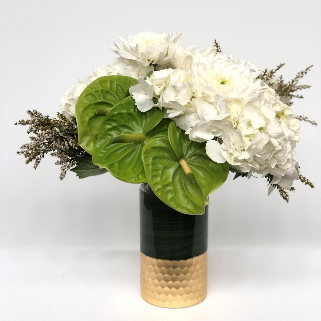 white and green modern vase with gold accents