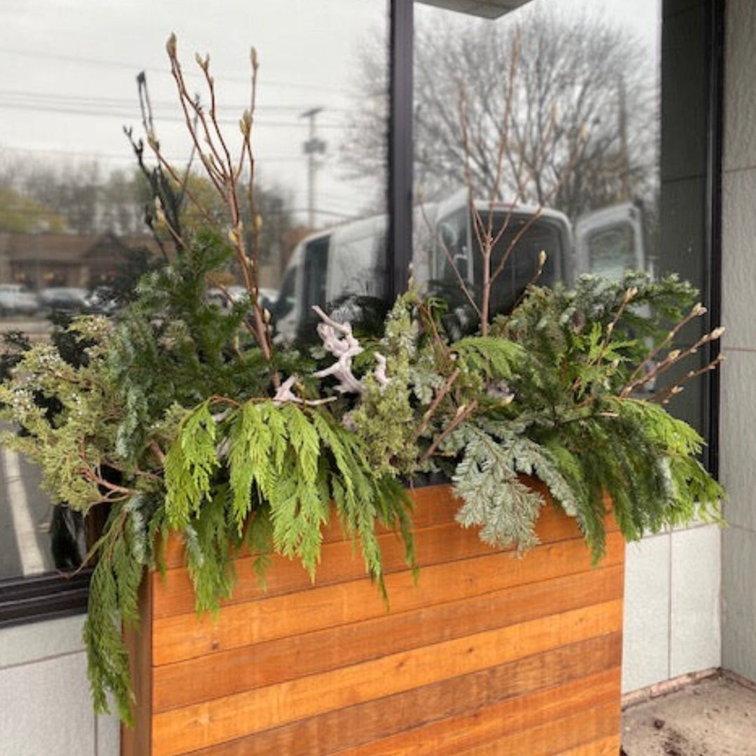 Outdoor window planter picture with a variety of evergreens and branches.