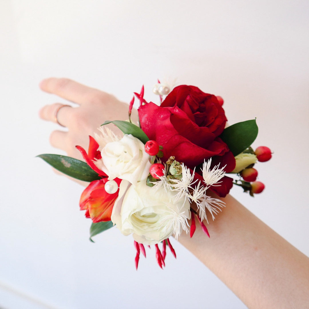 Red and White Corsage | Fresh Floral Wrist Corsage | Stacy K Floral STACY K FLORAL Red and White Corsage | Fresh Floral Wrist Corsage | Stacy K Floral STACY K FLORAL