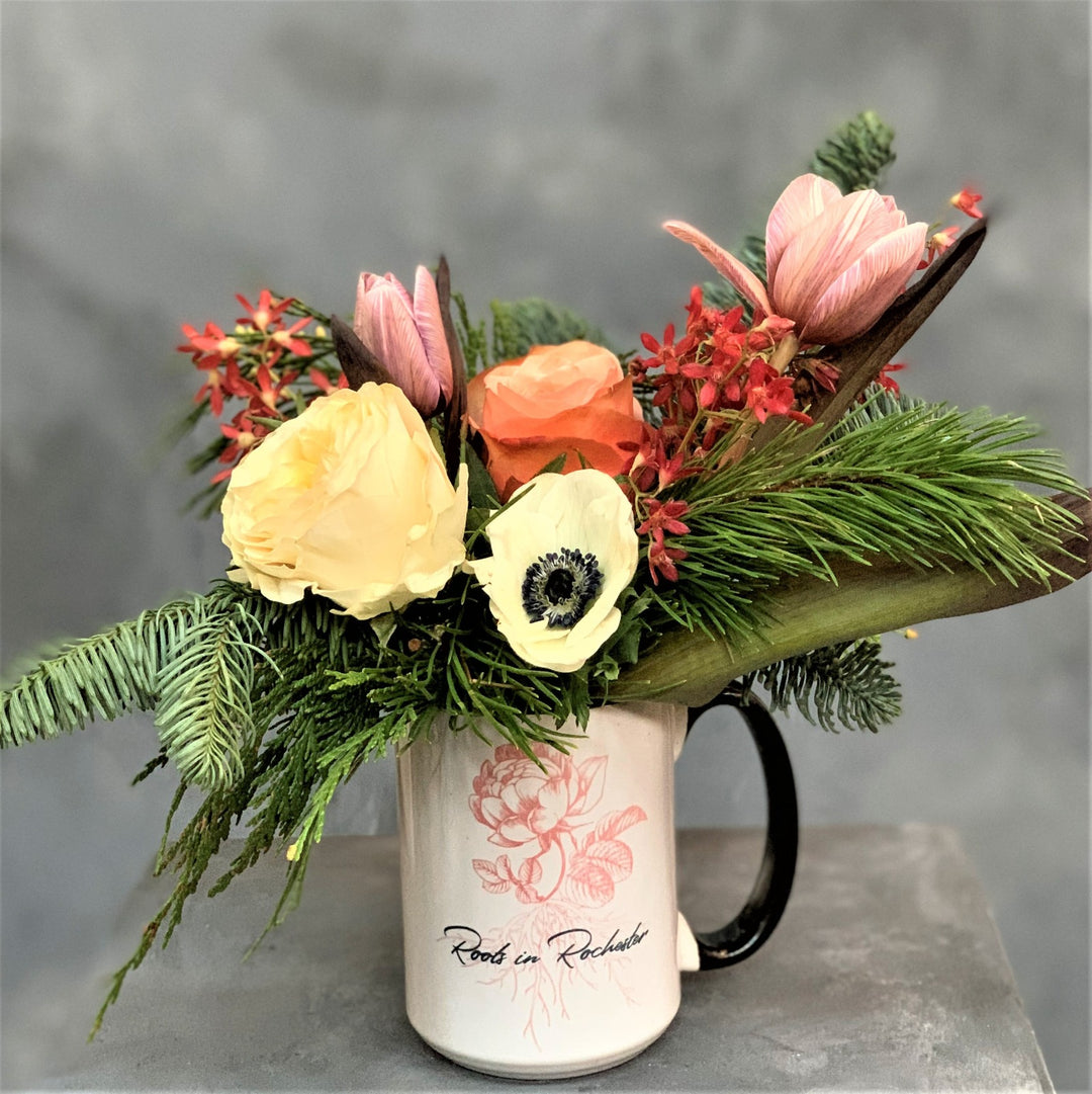 Winter Roots in Rochester Mug with Flowers  Rochester Floral Delivery –  STACY K FLORAL