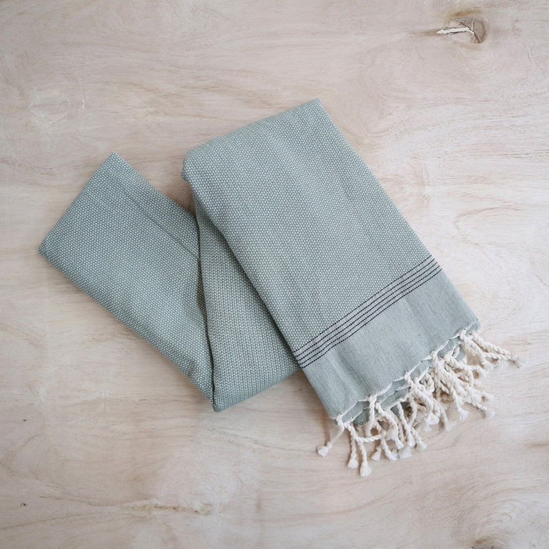 Turkish Scarves | Large green scarf. Can be used as a scarf, towel, or throw blanket! Green towel with cream tassels and five black stripes.