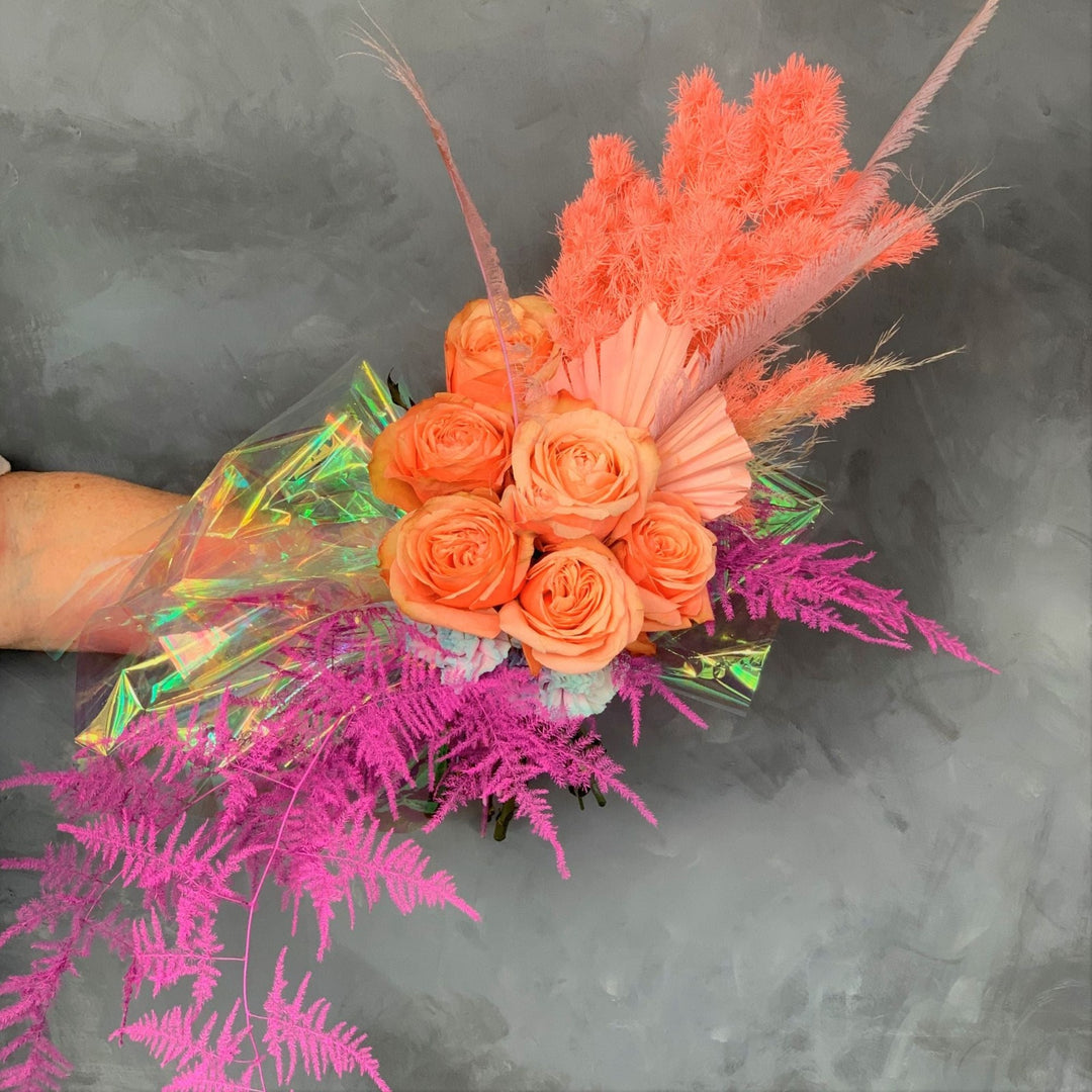 Half dozen roses with everlasting and iridescent