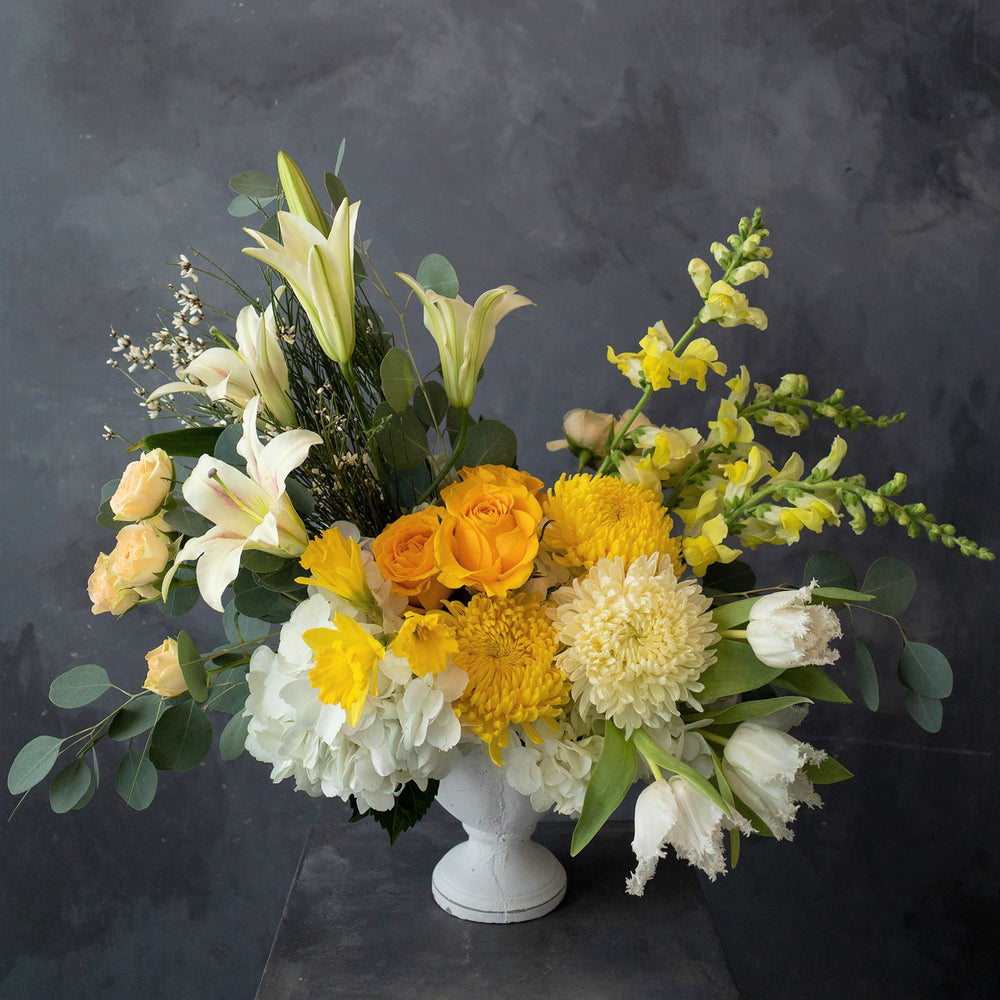 Sunshine Splendor, A bright spring arrangement with yellow roses, yellow, mums, yellow snapdragons, lilies, white frilled tulips, and white hydrangea, and eucalyptus in a white compote. Other seasonal blooms included. Photo taken on dark background.