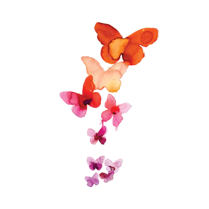 Tattly Tattoos | A cluster of butterflies from small to large. Pink to orange watercolor gradient.