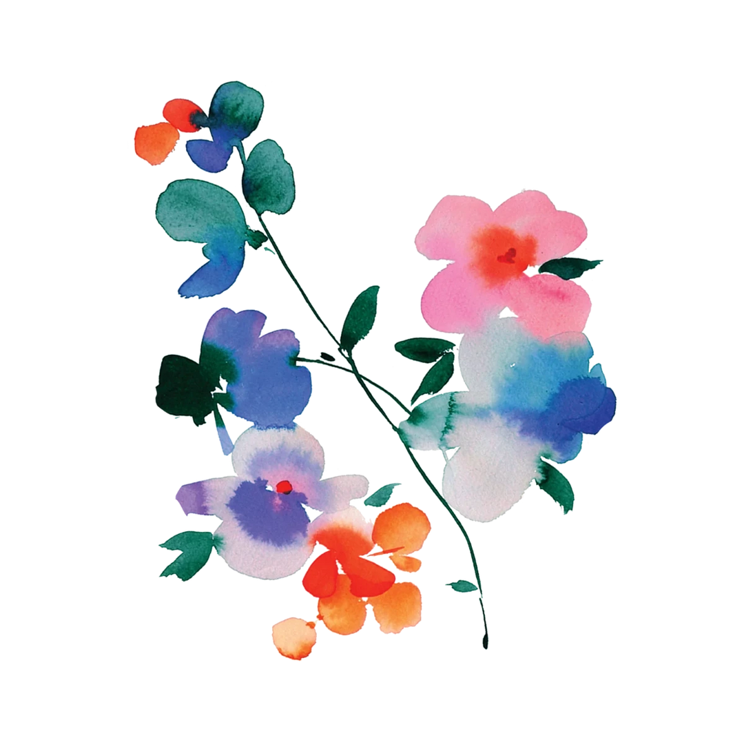 Tattly Tattoos | Temporary | A watercolor floral tattoo with a thin green stem and a focus on purple, blue, orange, and pink.