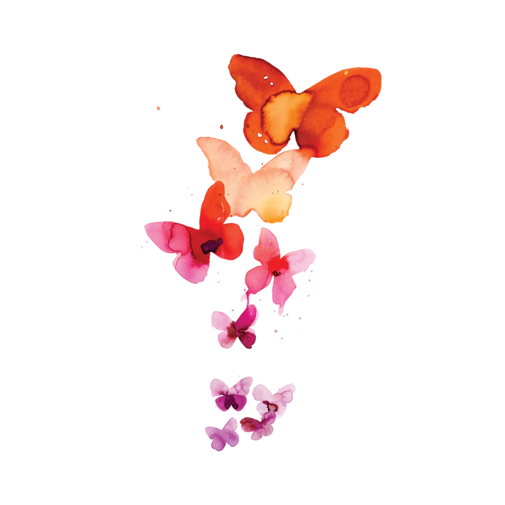 Tattly Tattoos | A cluster of butterflies from small to large. Pink to orange watercolor gradient.