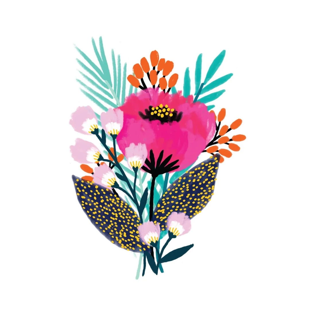 Tattly Tattoos | Pink, orange, and light pink flowers with teal blue ferns.
