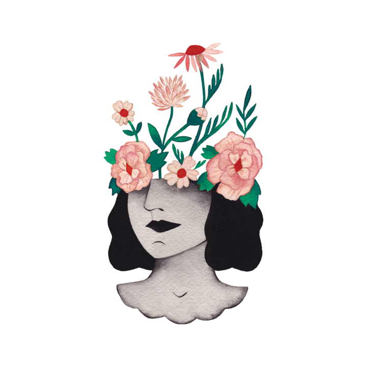 Tattly Tattoos | A portrait in a watercolor style. The lower half of a face in black and white, with wild flowers in pink and green growing out of the top of her head.