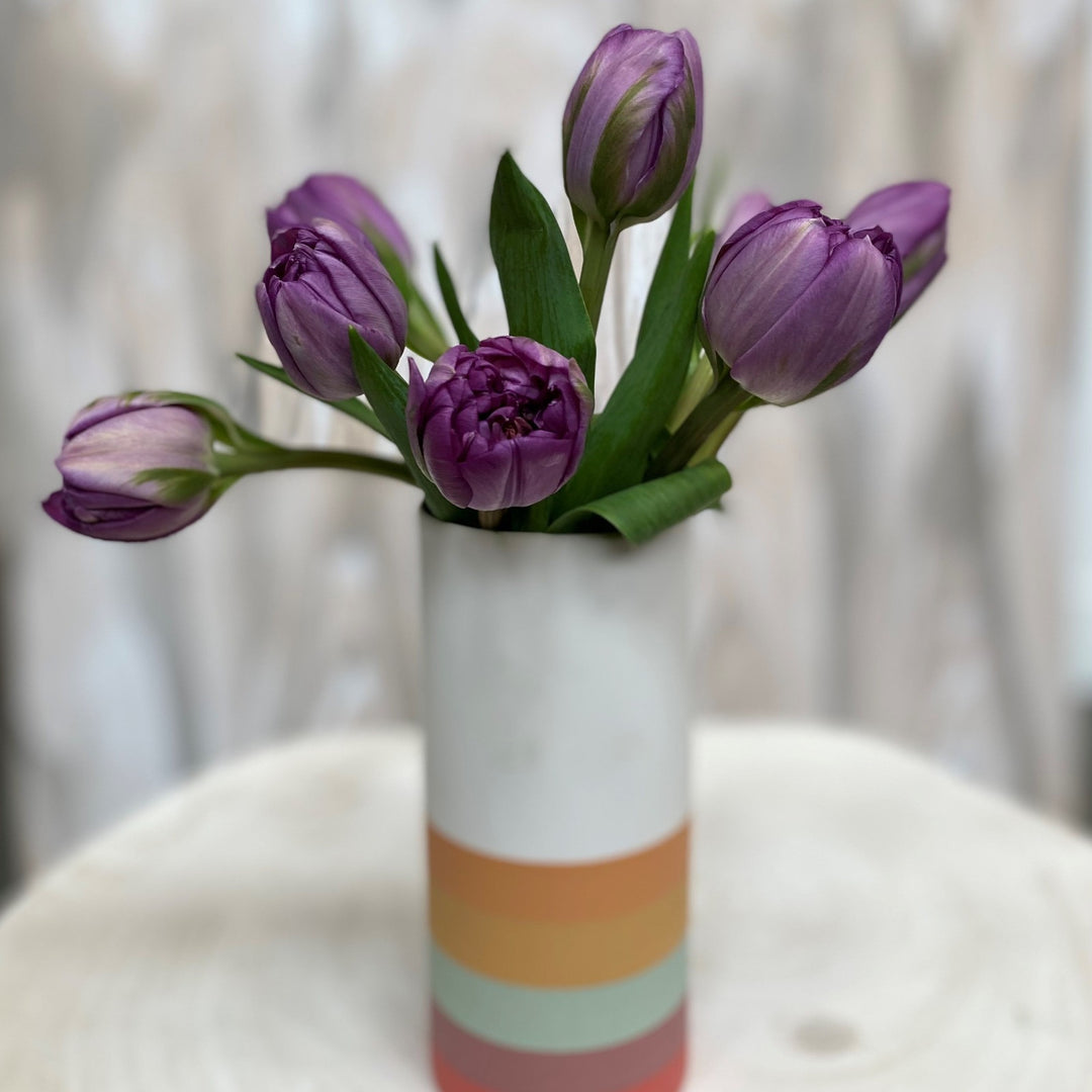 Purple tulips in a rainbow vase